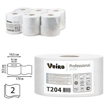 Туалетная бумага Veiro Professional Comfort T204, в рулоне, 170м, 2 слоя, белая, 12 рулонов