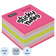 Блок для записей с клейким краем Attache клубничный микс, 5 цветов пастельный и неон, 51х51мм, 250 листов