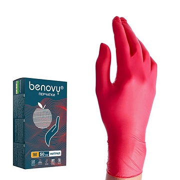 Перчатки нитриловые Benovy Nitrile MultiColor р.L, 8г, красные, 50 пар