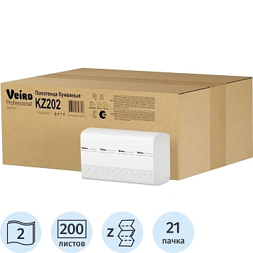 Полотенца бумажные листовые VEIRO Professional Comfort 2 сл белые Z сложения 200 листов арт. KZ202