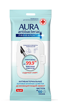 Влажные салфетки антибактериальные AURA Proexpert 24 шт